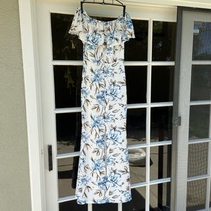 Strapless blue floral tropical maxi dress w/ front slit